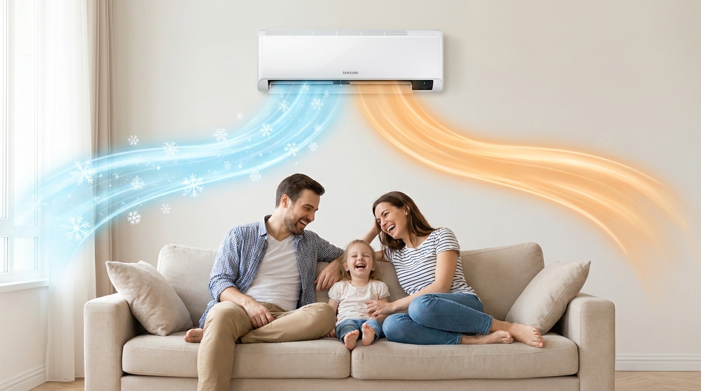 Famille detendue dans son salon sous une pompe a chaleur air-air Samsung diffusant air chaud et air froid