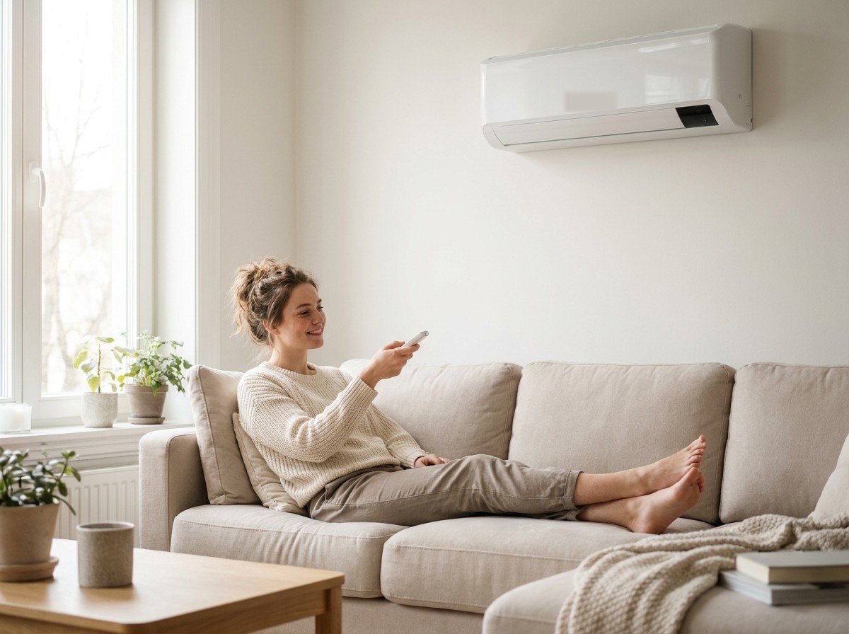 Femme détendue sur son canapé, télécommande pointée vers sa pompe à chaleur air-air murale